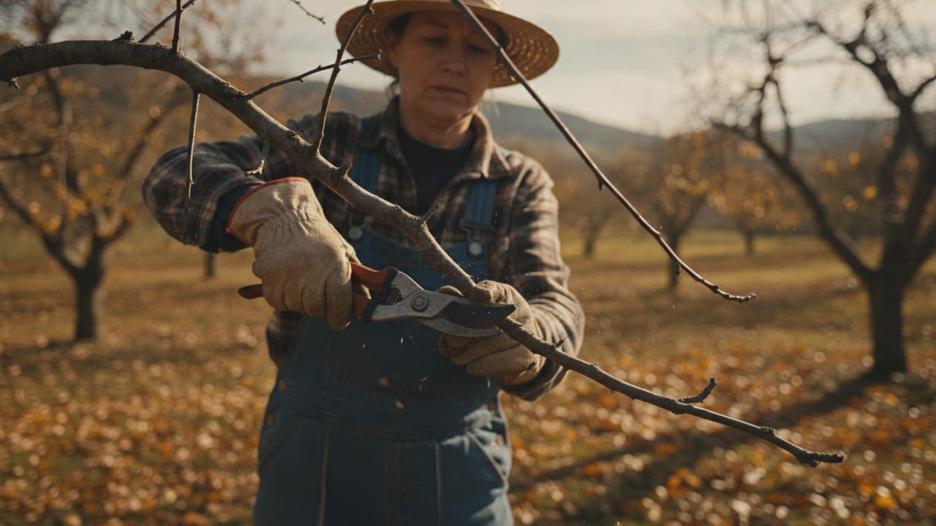 A middle-aged female gardener in worn leather work gloves precisely cuts a dead fruit tree branch using sharp bypass shears at an angle. Rural autumn orchard background with fallen golden leaves. Low afternoon sunlight filtering through bare branches, creating soft shadows. Candid documentary photography, raw photo style, shallow depth of field, f/2.8 aperture, 4k.