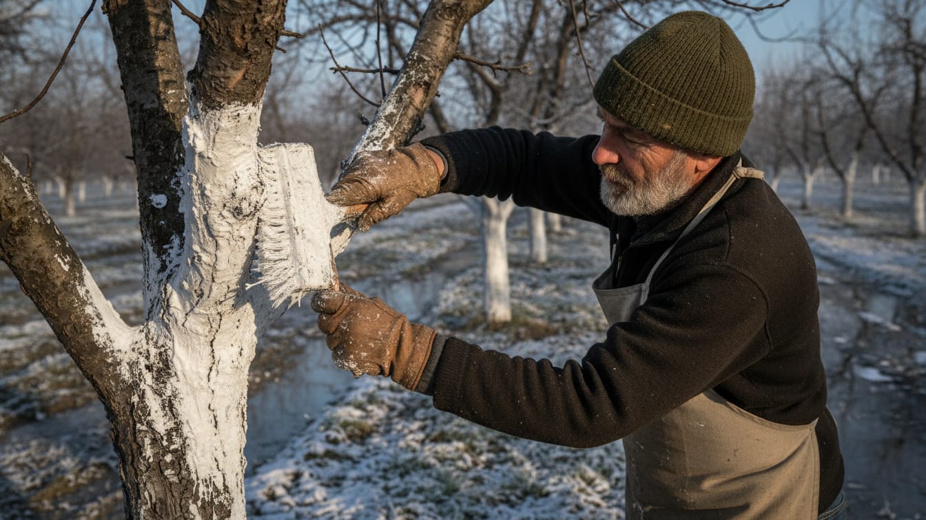 An experienced gardener in a knit beanie and muddy gloves applying thick white lime wash with a bristle brush onto a fruit tree trunk, working in a dormant winter orchard with melting snow. Low crisp morning sunlight casting long shadows. Candid news photography style, 35mm lens, f/2.8 aperture, shallow depth of field, raw photo.