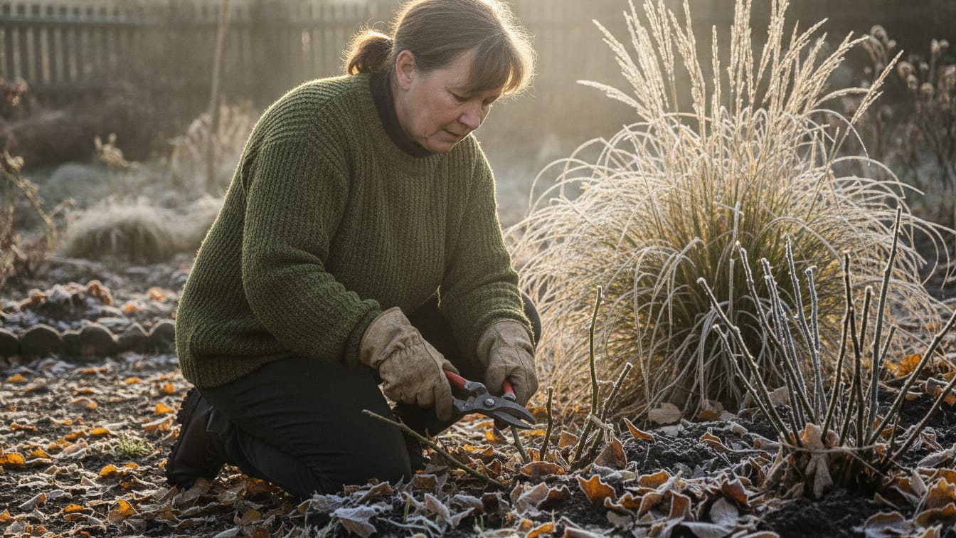 A middle-aged female gardener in a worn wool sweater and durable gloves, carefully pruning rose stems with sharp secateurs beside tied ornamental grasses, in a damp, frost-touched autumn garden bed with fallen leaves, illuminated by crisp, low-angle morning sunlight, shallow depth of field, candid documentary style, f/2.8 aperture, 4k raw photo.
